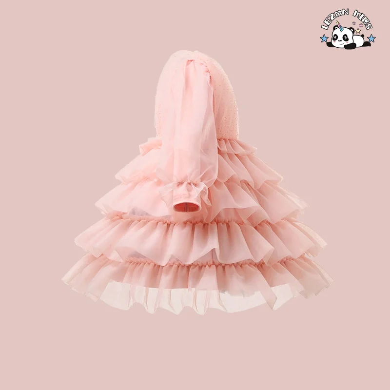 LEZONKIDS - Roupas infantis para meninas Vestido de malha rosa com mangas compridas Vestidos em forma de bolo para crianças de 2 a 12 anos